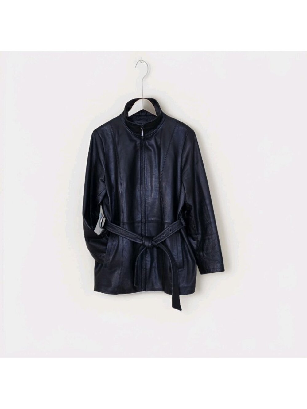 Nine West Genuine Leather Jacket Womens 1X Black Zip Belt Mock Neck Lined Mature